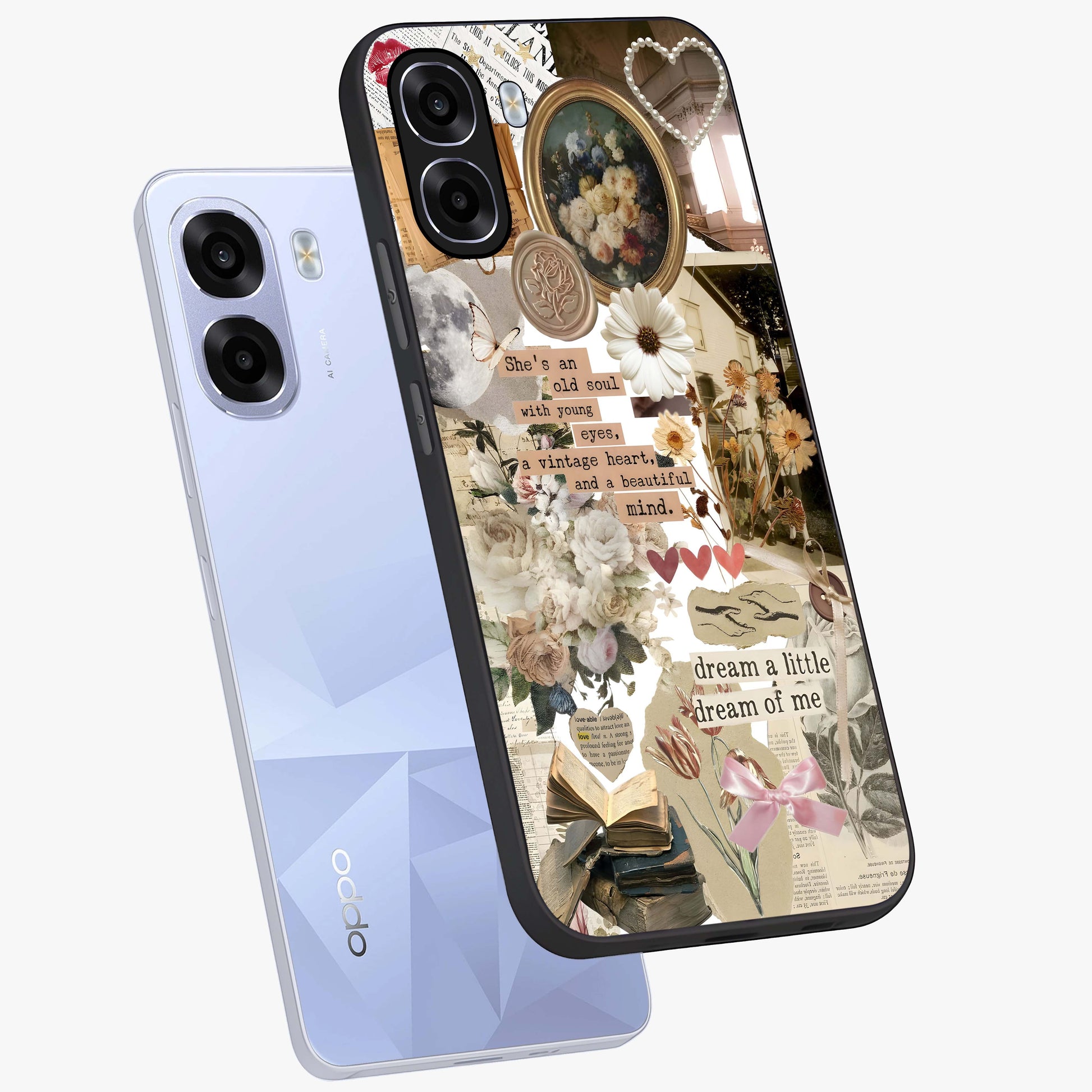 Aesthetic Brown Vintage Collage Glass Case displayed in angled mockup highlighting vintage aesthetic collage design.