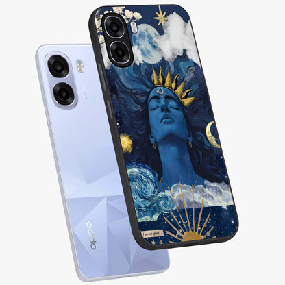 Aesthetic Lord Shiva Glass Case displayed in angled mockup highlighting spiritual Shiva illustration and sacred aesthetic design.