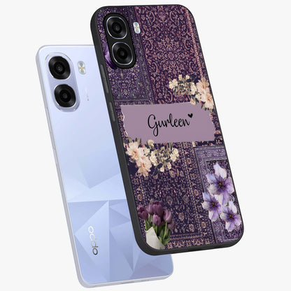 Antique Floral Whisper Custom Name Glass Case displayed in angled mockup highlighting elegant antique floral aesthetic.