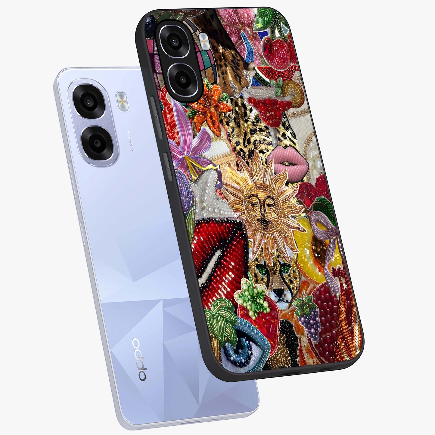 Beaded Fashion Jungle Glass Case displayed in angled mockup highlighting colorful fashion bead design and artistic pattern.