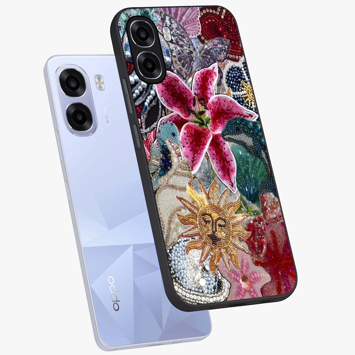 Beaded Garden Fantasy Glass Case displayed in angled mockup highlighting fantasy inspired floral bead pattern.
