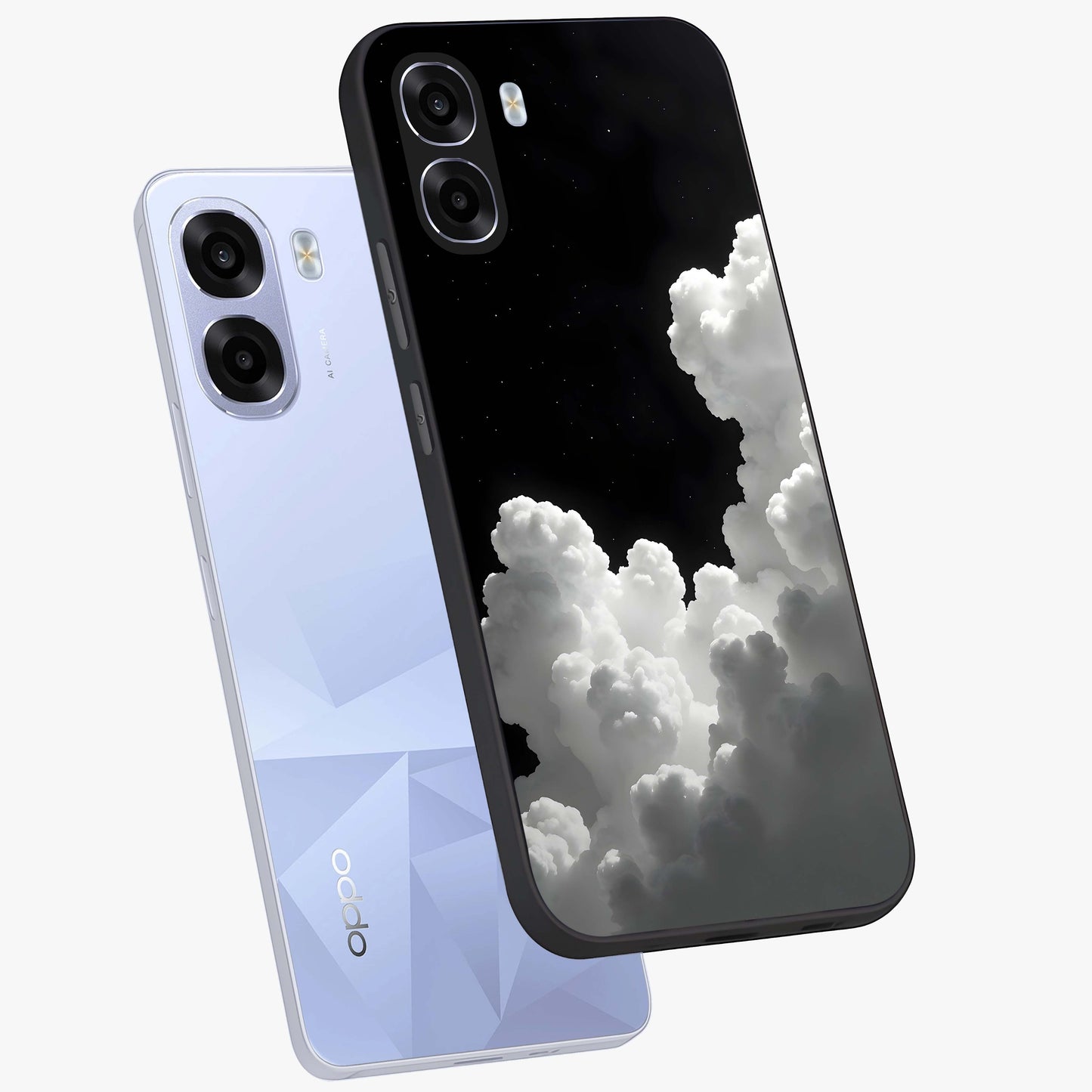 Black Background With White Cloud Glass Case displayed in angled mockup highlighting soft white cloud illustration and minimal design.