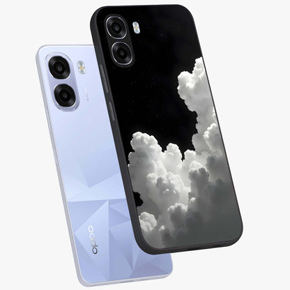 Black Background With White Cloud Glass Case displayed in angled mockup highlighting soft white cloud illustration and minimal design.