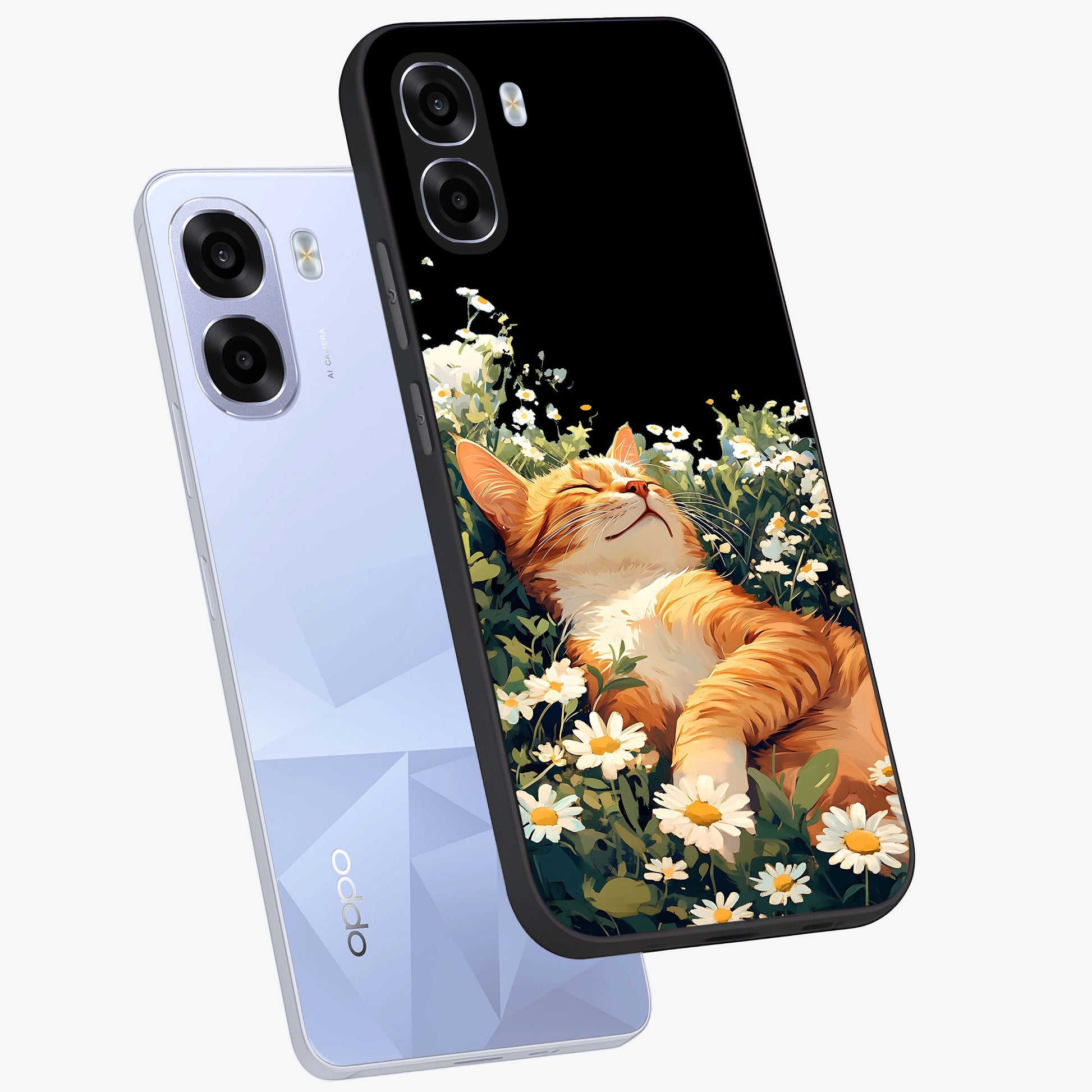 Blissful Bloom Cat Glass Case displayed in angled mockup highlighting playful feline illustration with soft floral aesthetic.