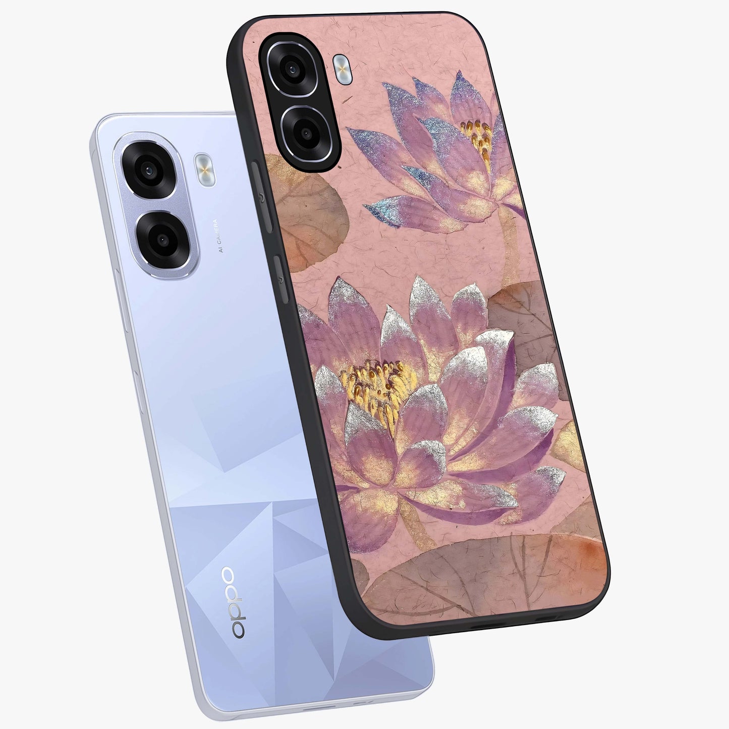 Blossom Mist Lotus Glass Case displayed in angled mockup highlighting delicate lotus illustration with calm aesthetic theme.