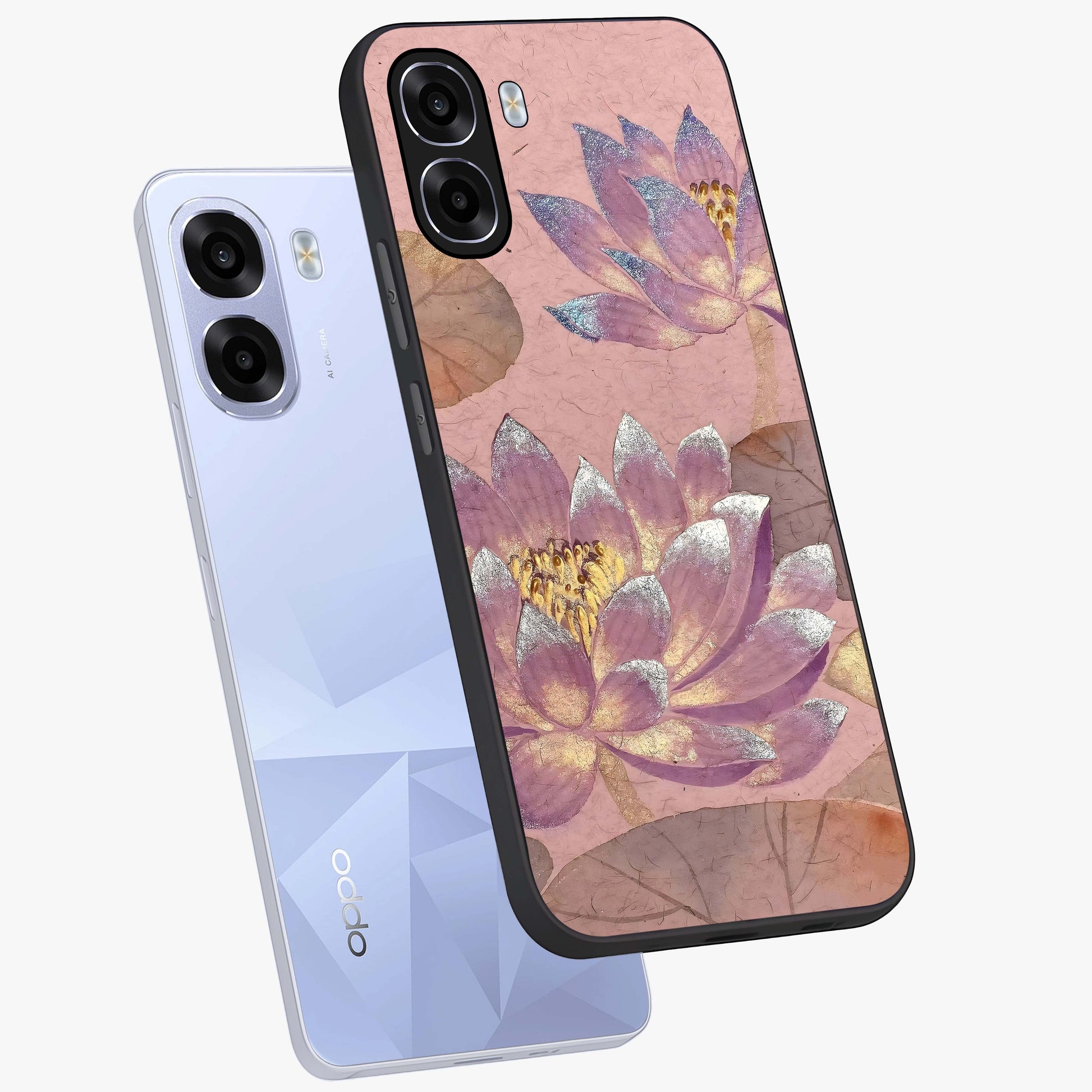Blossom Mist Lotus Glass Case displayed in angled mockup highlighting delicate lotus illustration with calm aesthetic theme.
