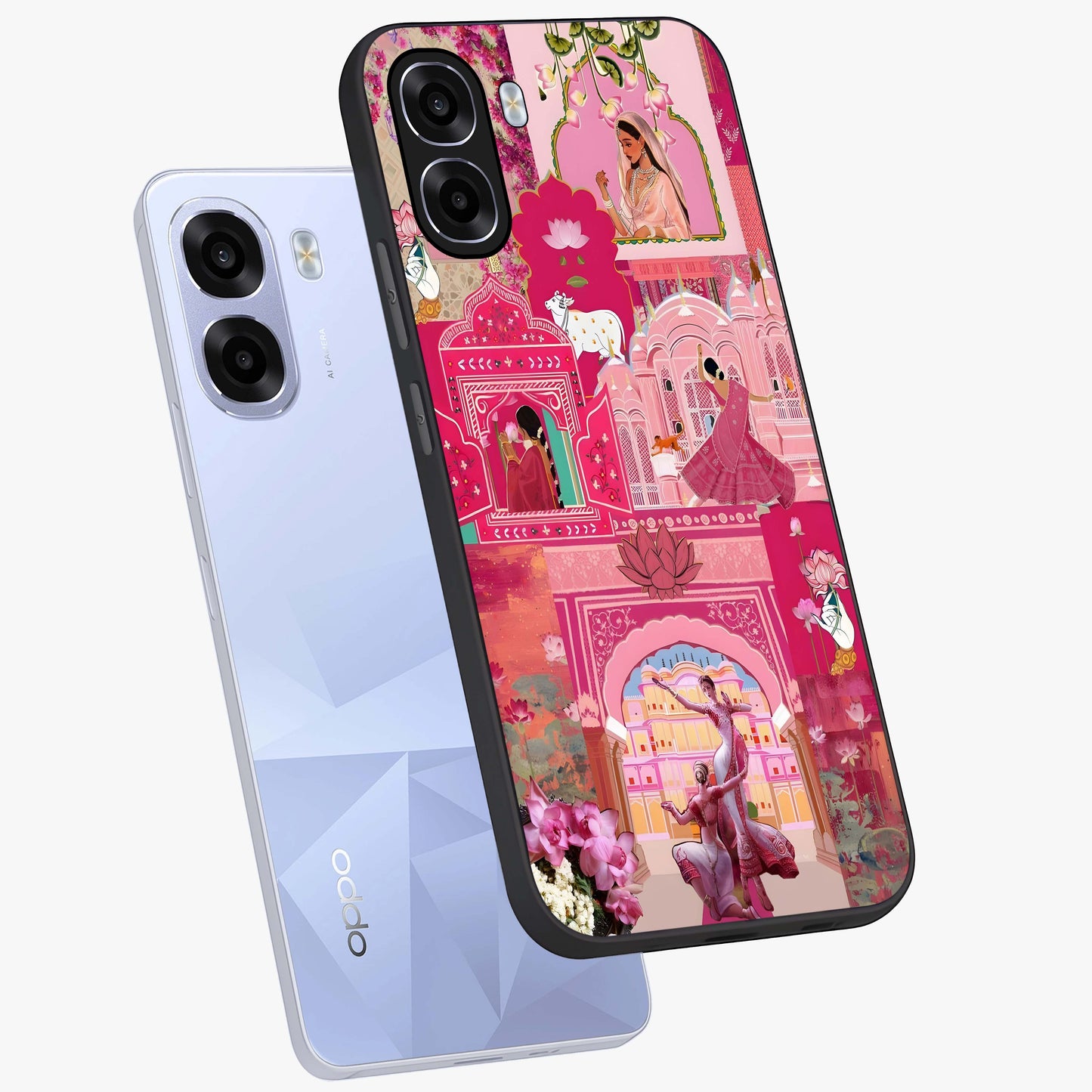 Blossoms of Rajasthan Glass Case displayed in angled mockup highlighting vibrant floral pattern with cultural aesthetic style.