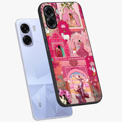 Blossoms of Rajasthan Glass Case displayed in angled mockup highlighting vibrant floral pattern with cultural aesthetic style.