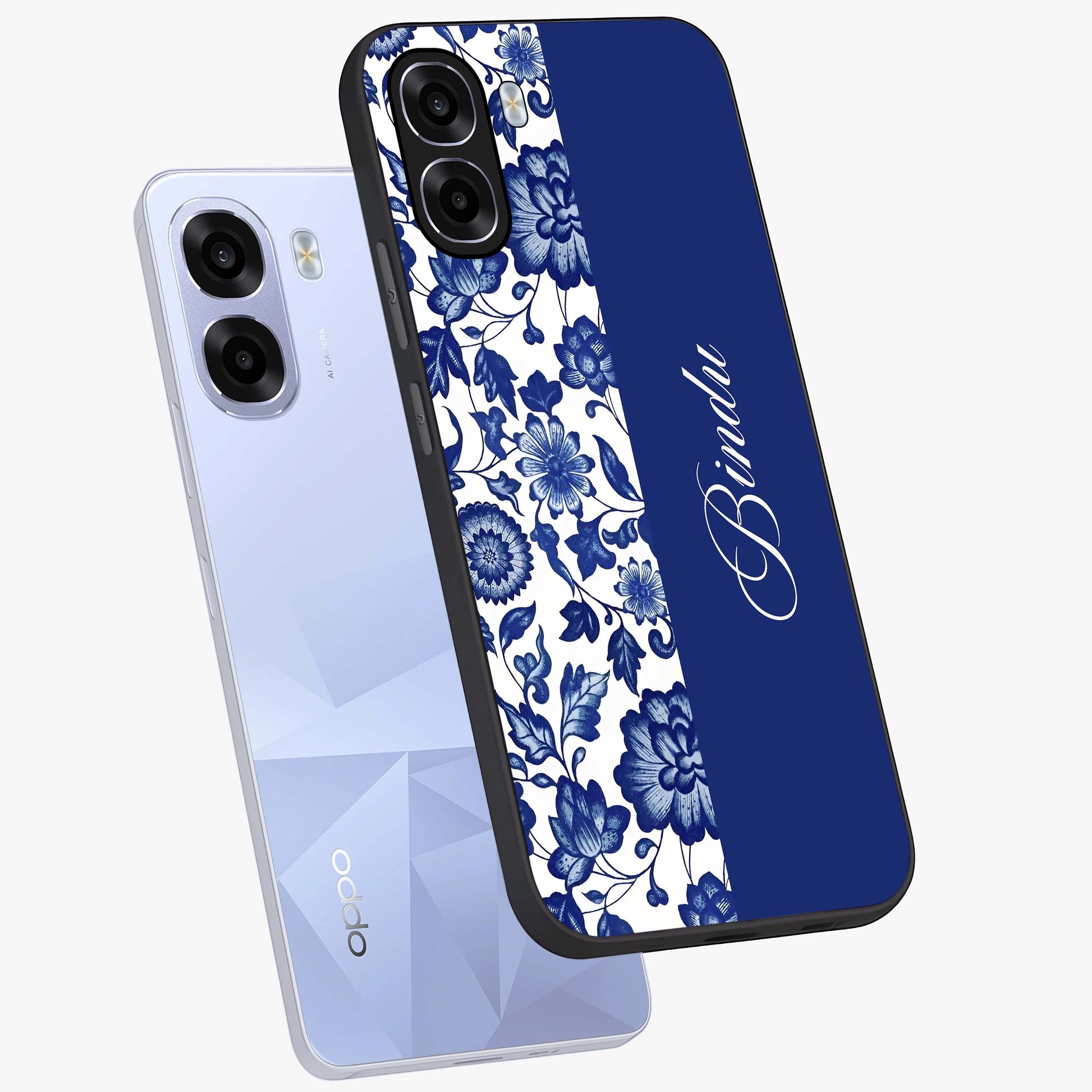 Blue Vintage Floral Pattern Glass Case displayed in angled mockup highlighting subtle bloom pattern with aesthetic pastel design.