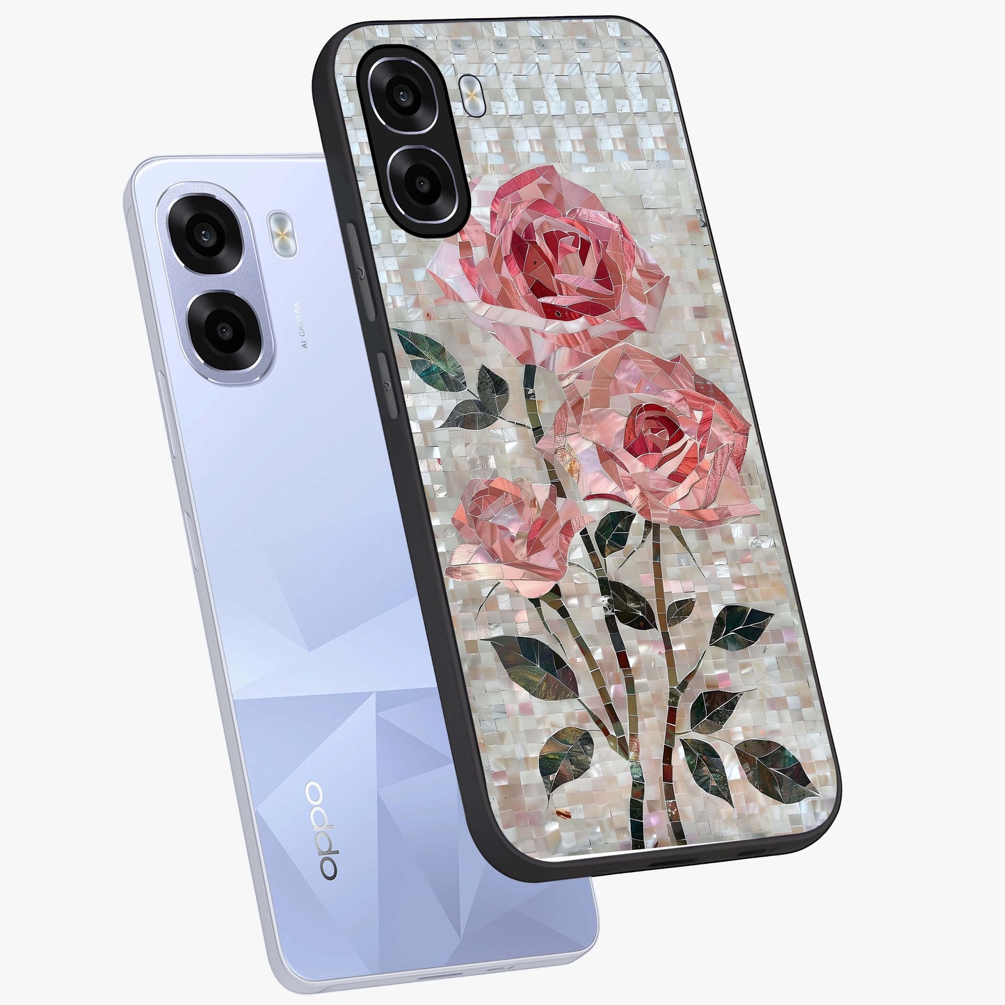 Blush Mosaic Bloom Glass Case displayed in angled mockup highlighting artistic mosaic flower pattern with aesthetic design.