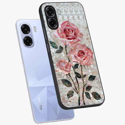 Blush Mosaic Bloom Glass Case displayed in angled mockup highlighting artistic mosaic flower pattern with aesthetic design.