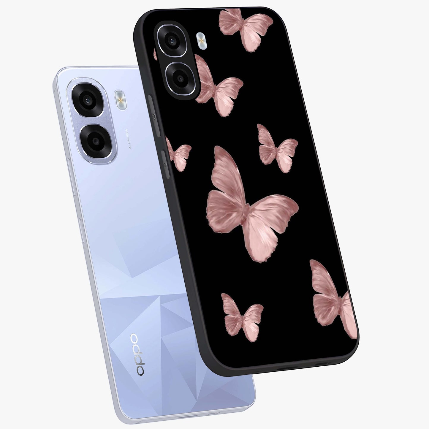 Butterfly Pattern Glass Case displayed in angled mockup highlighting delicate butterfly design and aesthetic pattern style.