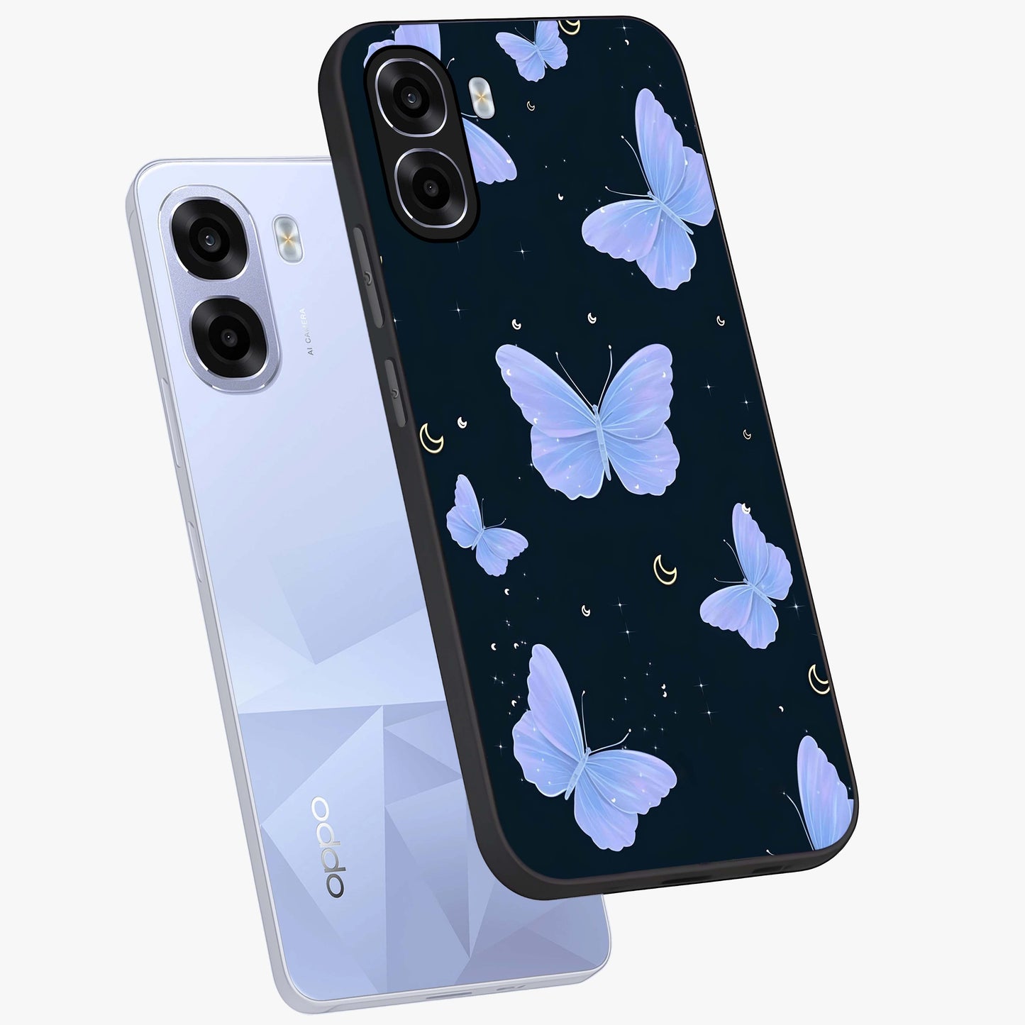 Butterfly With Stars Pattern Glass Case displayed in angled mockup highlighting dreamy butterfly and star design with aesthetic theme.
