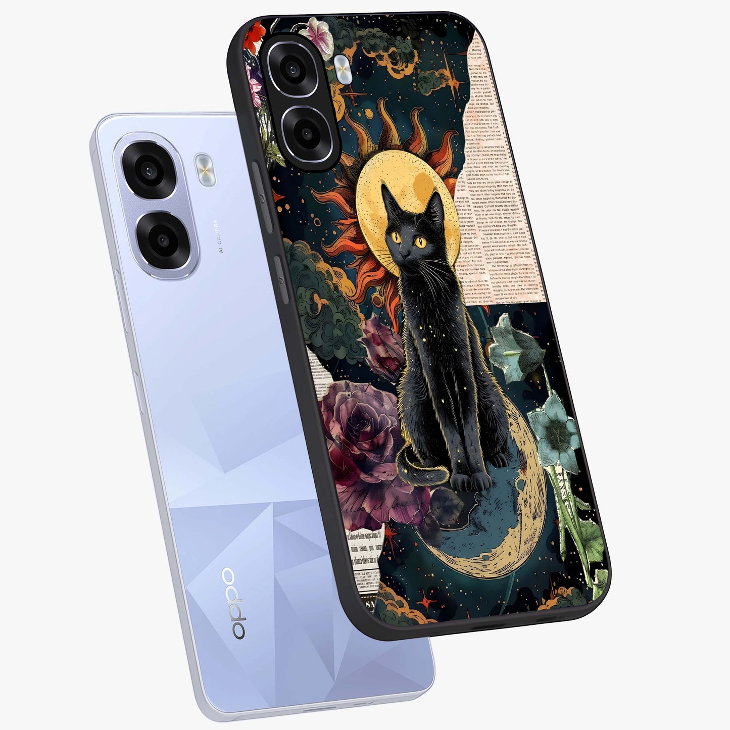 Celestial Black Cat Glass Case displayed in angled mockup highlighting cosmic black cat design with celestial aesthetic.