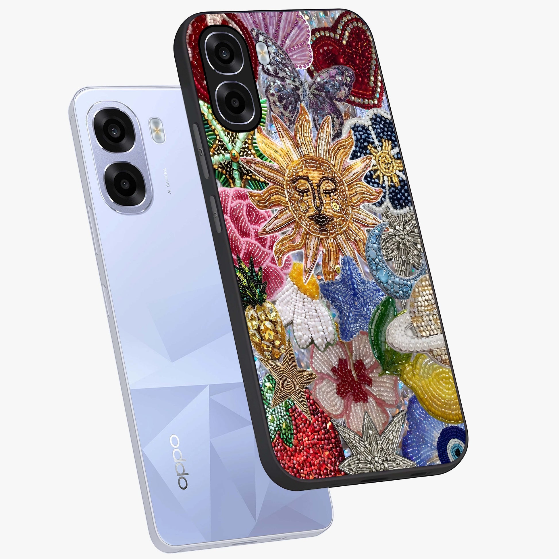 Celestial Floral and Playful Glass Case displayed in angled mockup highlighting playful floral design with dreamy celestial elements.