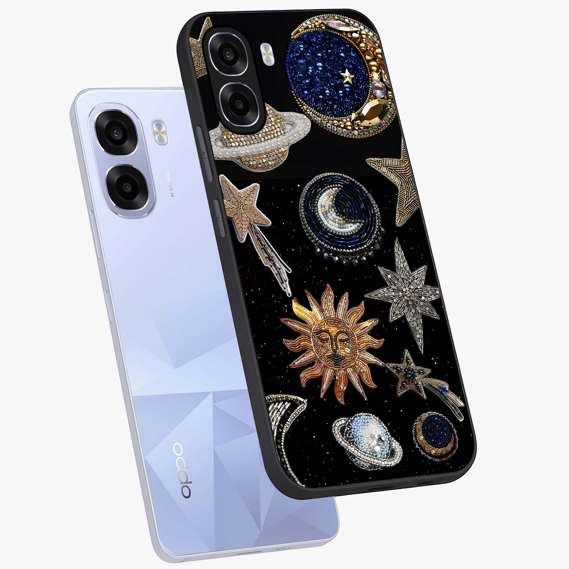 Celestial Gem Constellations Glass Case displayed in angled mockup highlighting gemstone inspired constellation design.