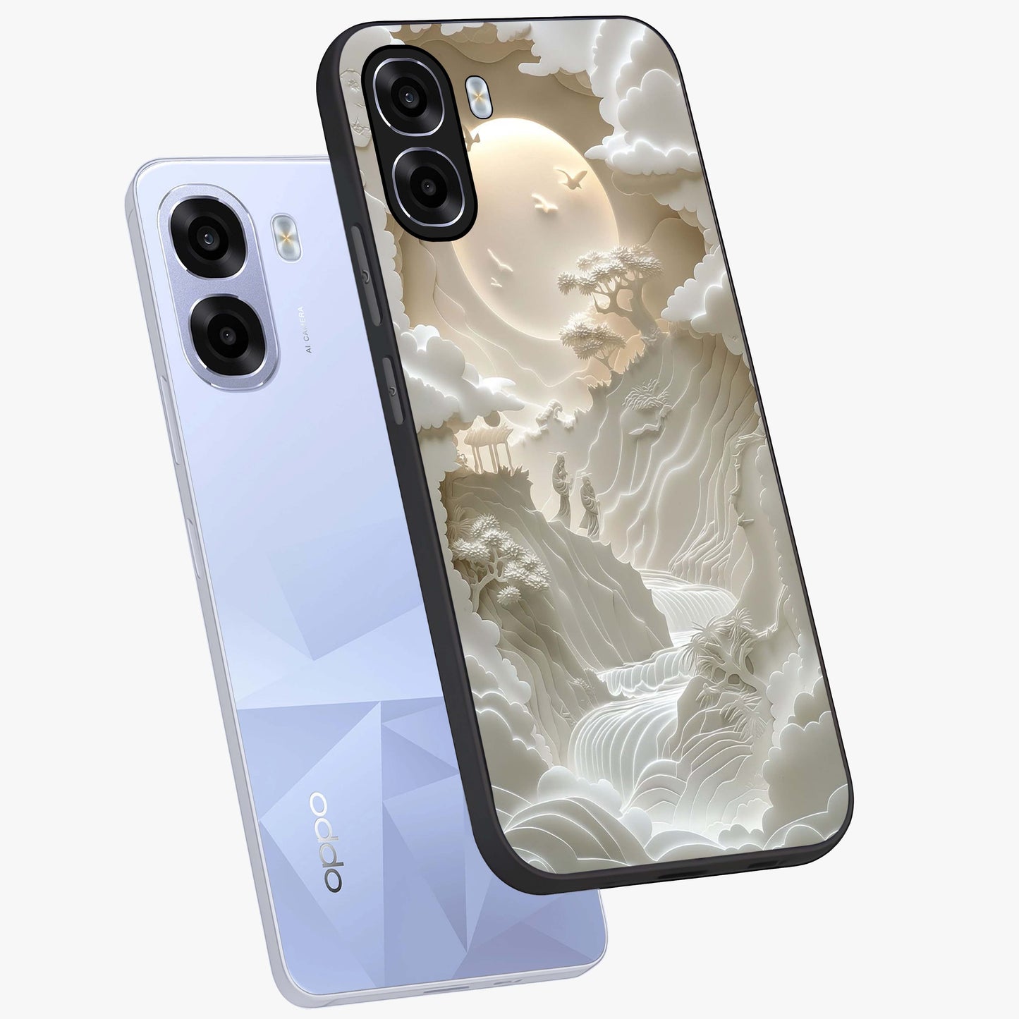 Celestial Origami Glass Case displayed in angled mockup highlighting geometric origami design with cosmic aesthetic theme.