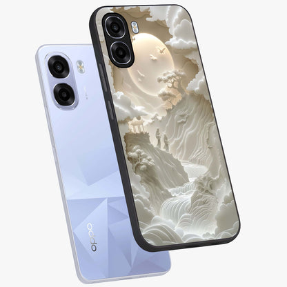 Celestial Origami Glass Case displayed in angled mockup highlighting geometric origami design with cosmic aesthetic theme.