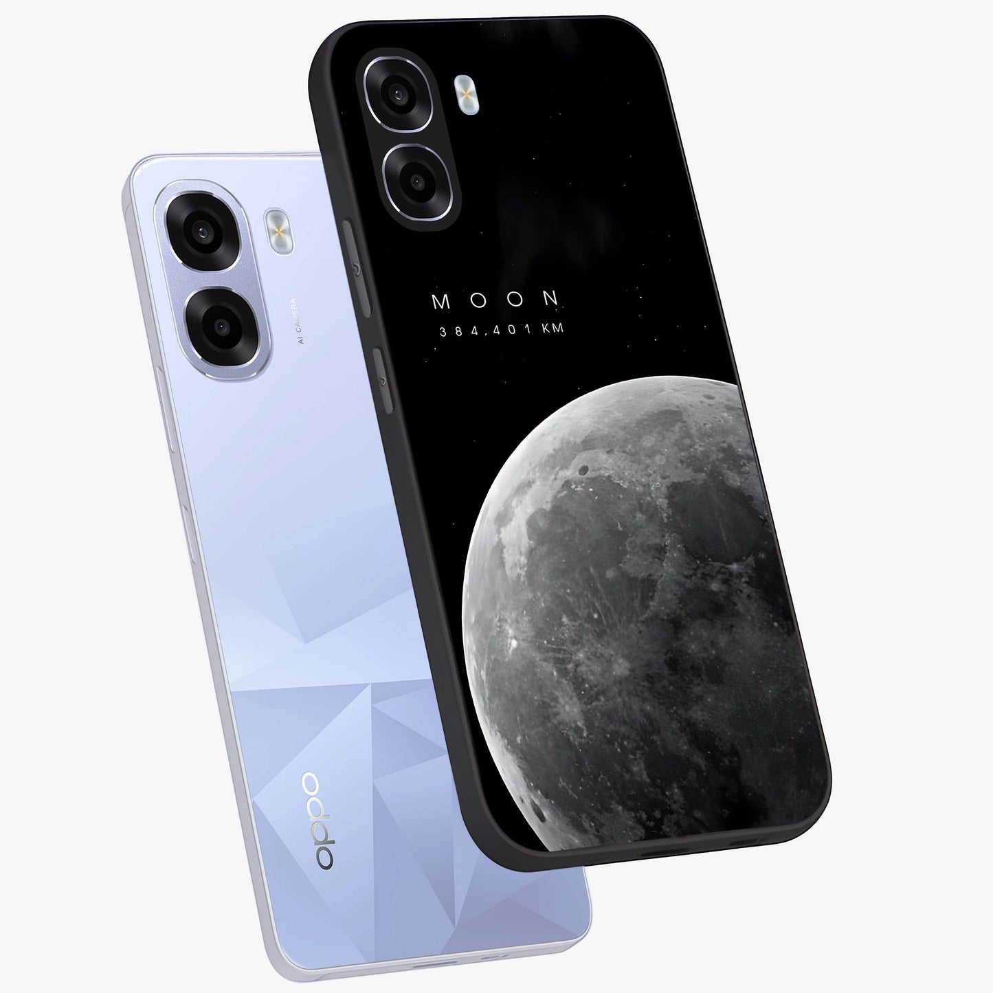 Cosmic Moon Glow Glass Case displayed in angled mockup highlighting celestial moon design with cosmic aesthetic theme.