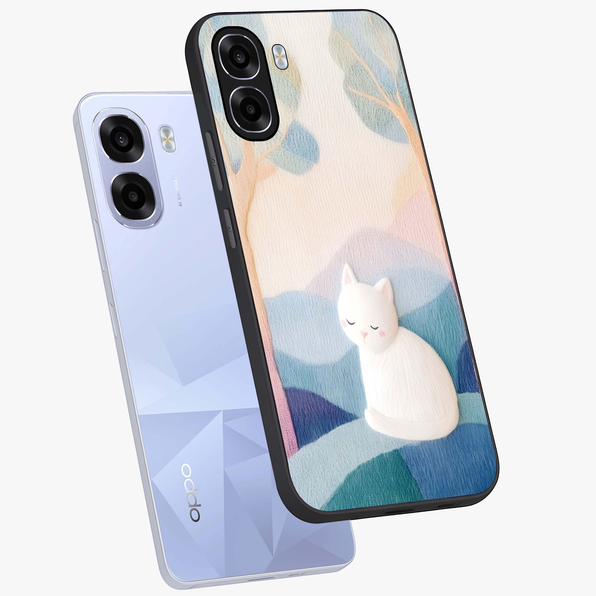 Cotton Dream Cat Glass Case displayed in angled mockup highlighting cute feline illustration with pastel aesthetic style.