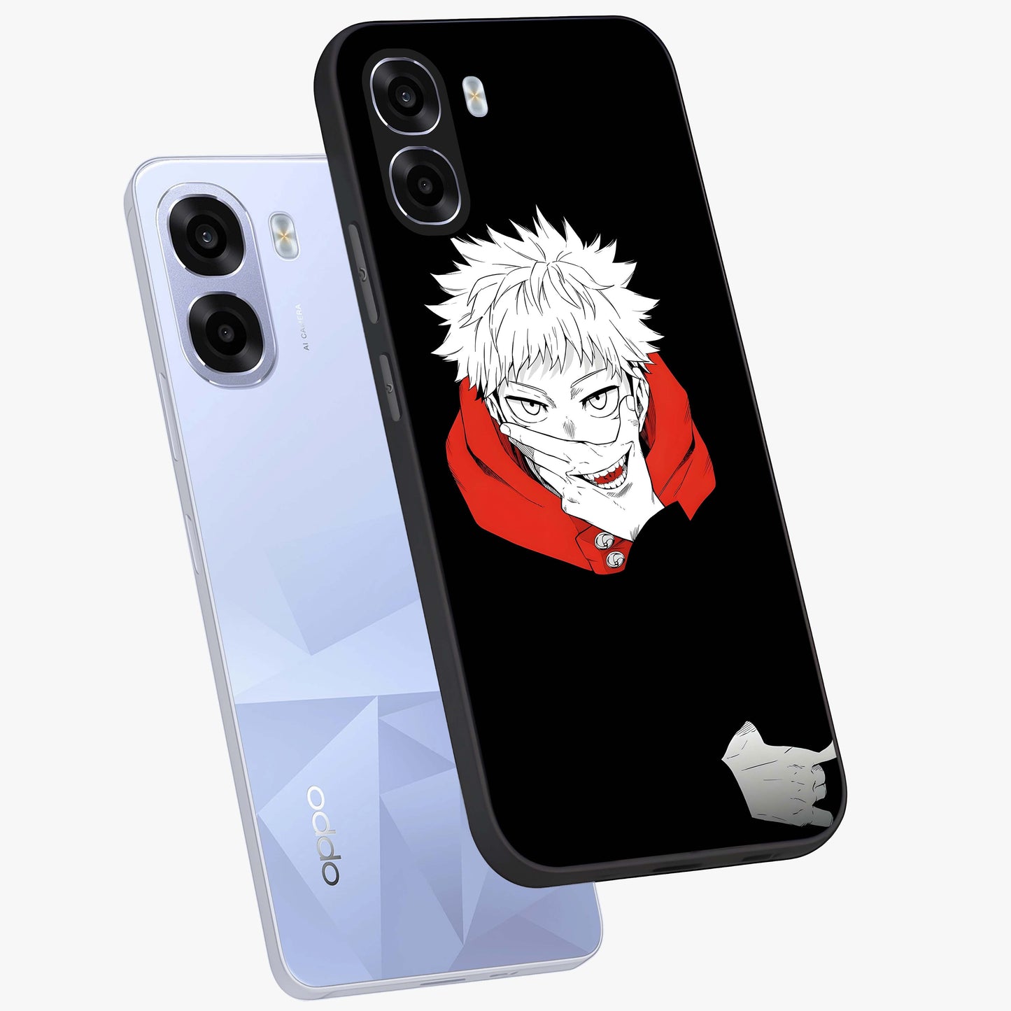 Crimson Chaos Smile Glass Case displayed in angled mockup highlighting edgy crimson smile design with graphic aesthetic.