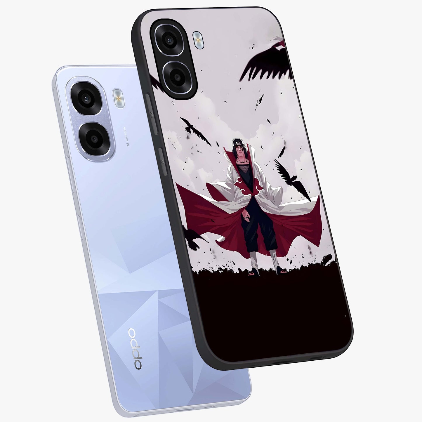 Crimson Crow Ascension Glass Case displayed in angled mockup highlighting powerful crow illustration with dark crimson aesthetic.