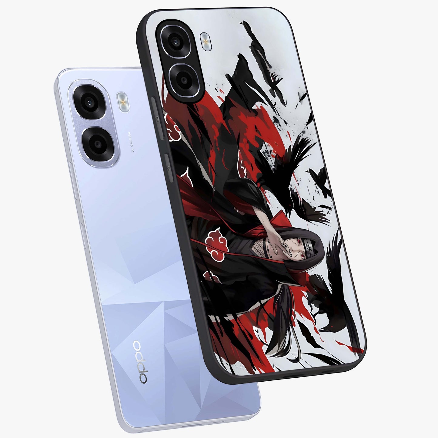 Crimson Crow Illusion Glass Case displayed in angled mockup highlighting mysterious crow graphic with dark aesthetic style.