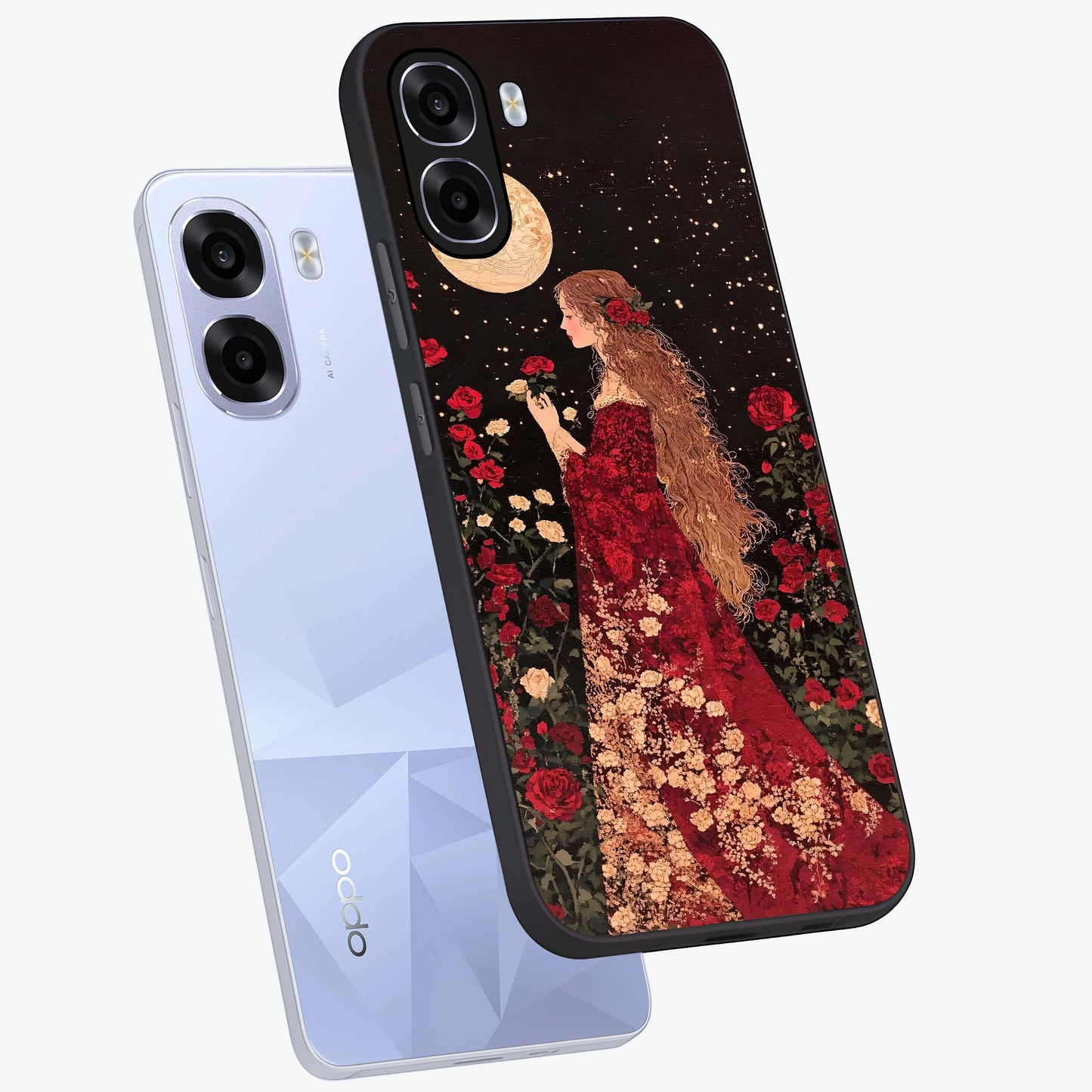 Crimson Dreams Glass Case displayed in angled mockup highlighting soft crimson aesthetic design with artistic theme.
