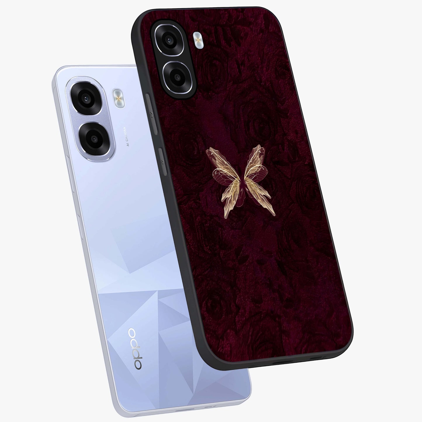 Crimson Fade Butterfly Glass Case displayed in angled mockup highlighting elegant butterfly design with crimson gradient aesthetic.