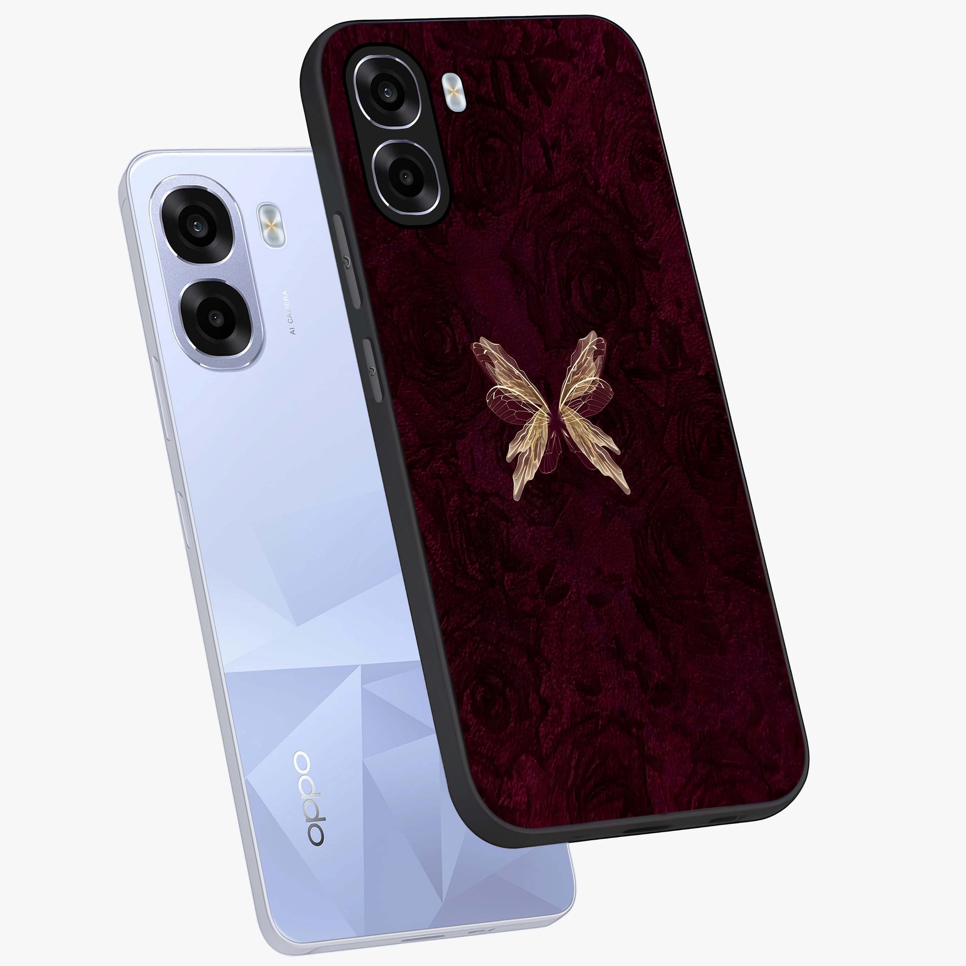 Crimson Fade Butterfly Glass Case displayed in angled mockup highlighting elegant butterfly design with crimson gradient aesthetic.