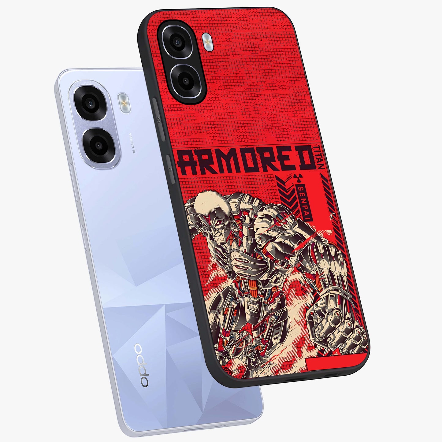 Crimson Mecha Titan Glass Case displayed in angled mockup highlighting futuristic mech illustration with bold crimson aesthetic.