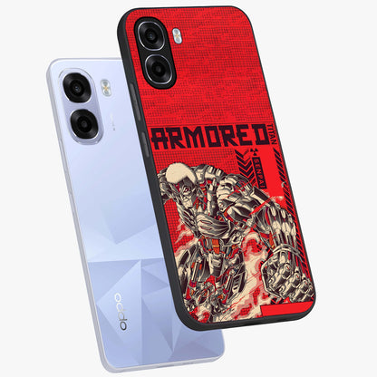 Crimson Mecha Titan Glass Case displayed in angled mockup highlighting futuristic mech illustration with bold crimson aesthetic.