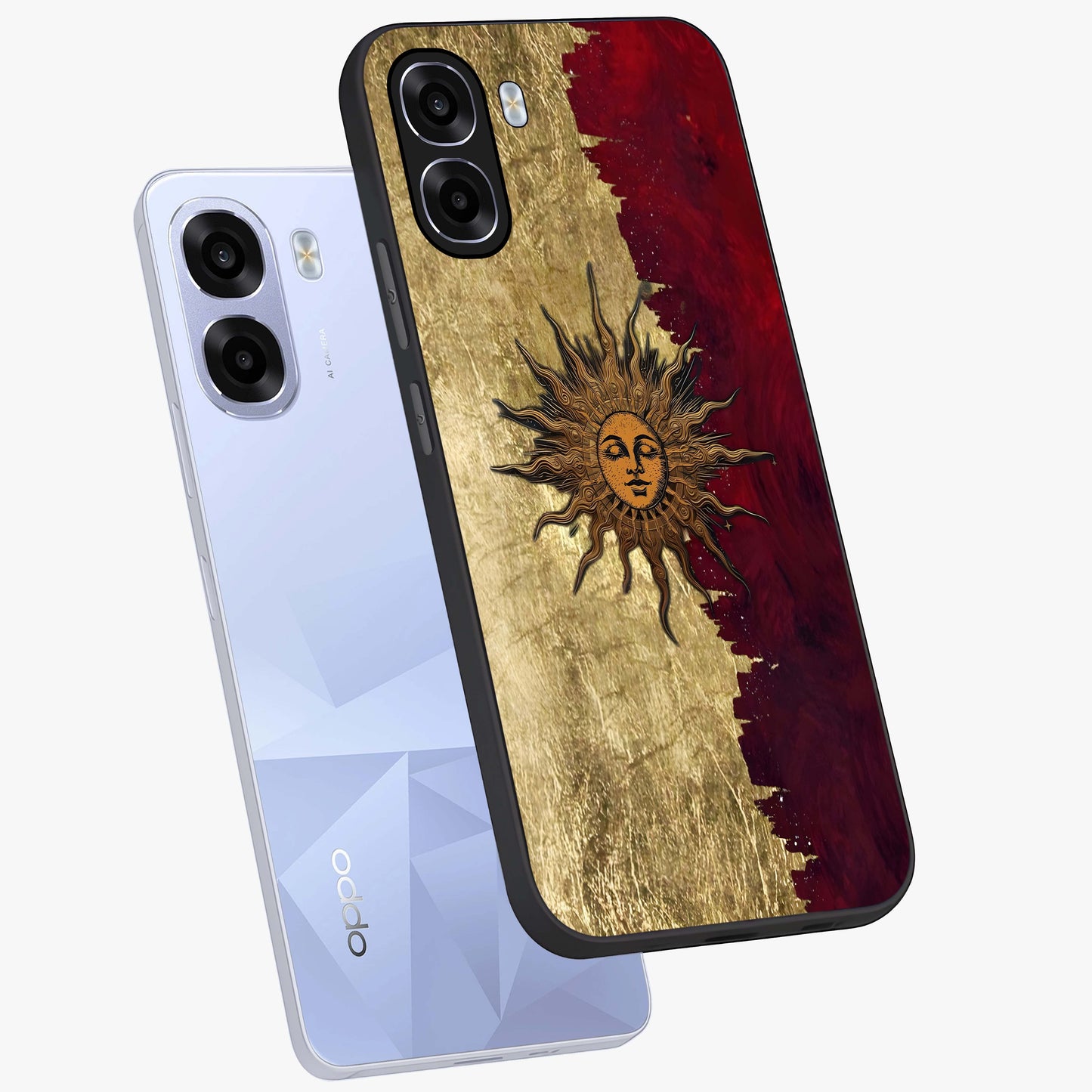 Crimson Sun Majesty Glass Case displayed in angled mockup highlighting majestic crimson sun design with bold aesthetic style.