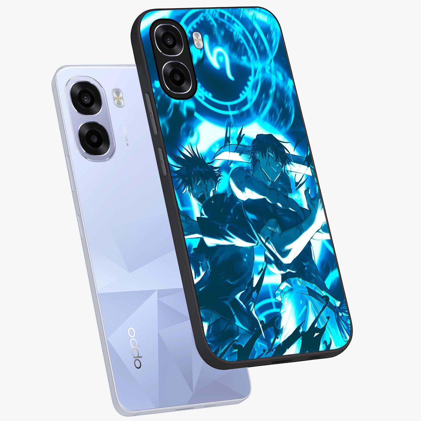 Cursed Energy Clash Glass Case displayed in angled mockup highlighting powerful battle inspired graphic with anime style aesthetic.