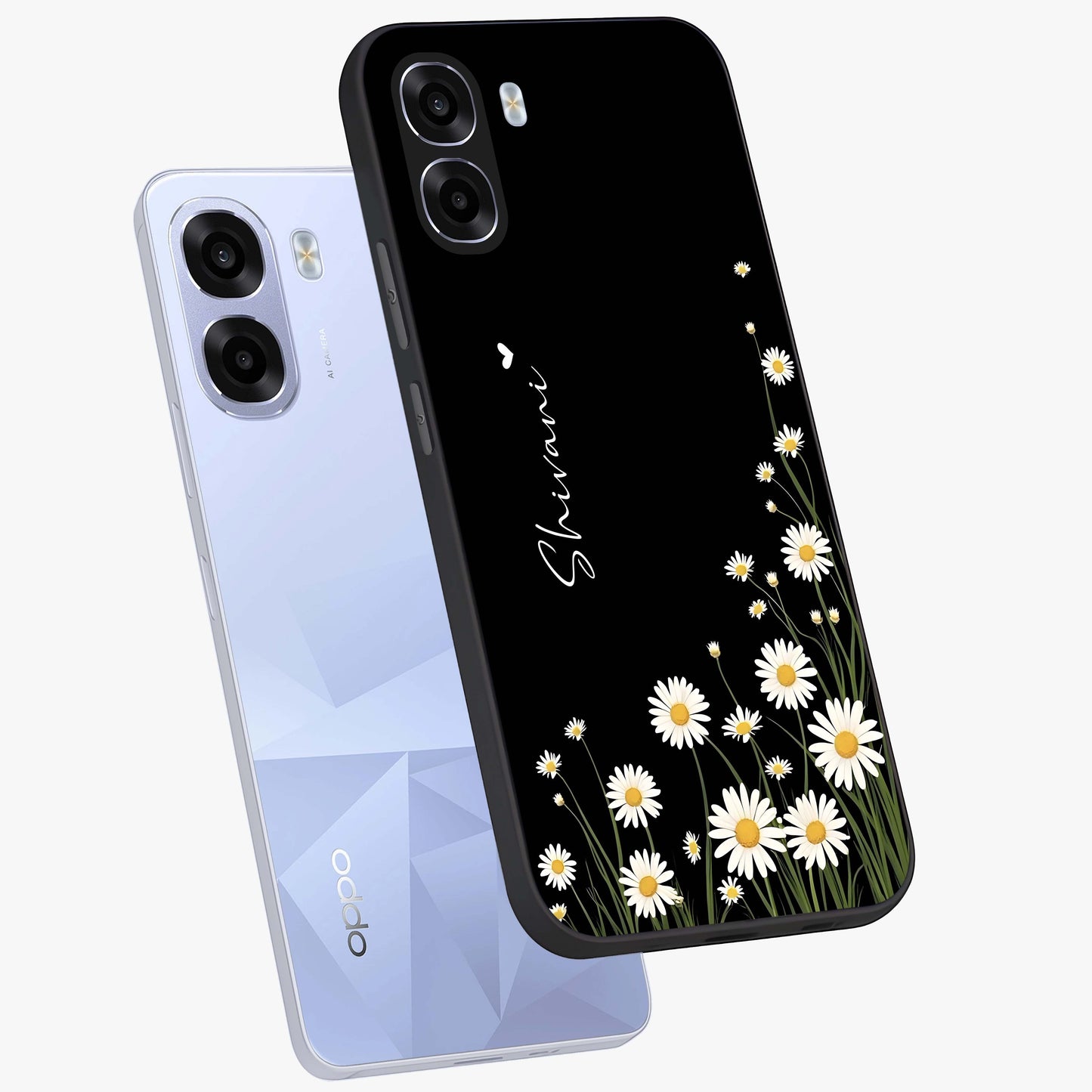 Daisy Cascade Custom Name Glass Case displayed in angled mockup highlighting delicate daisy artwork with custom name feature.