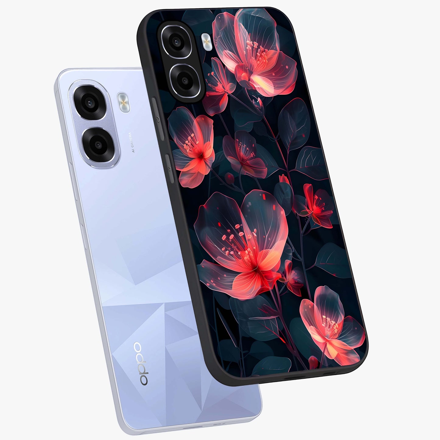 Dark Shade of Flower Glass Case displayed in angled mockup highlighting moody floral illustration with aesthetic dark tones.