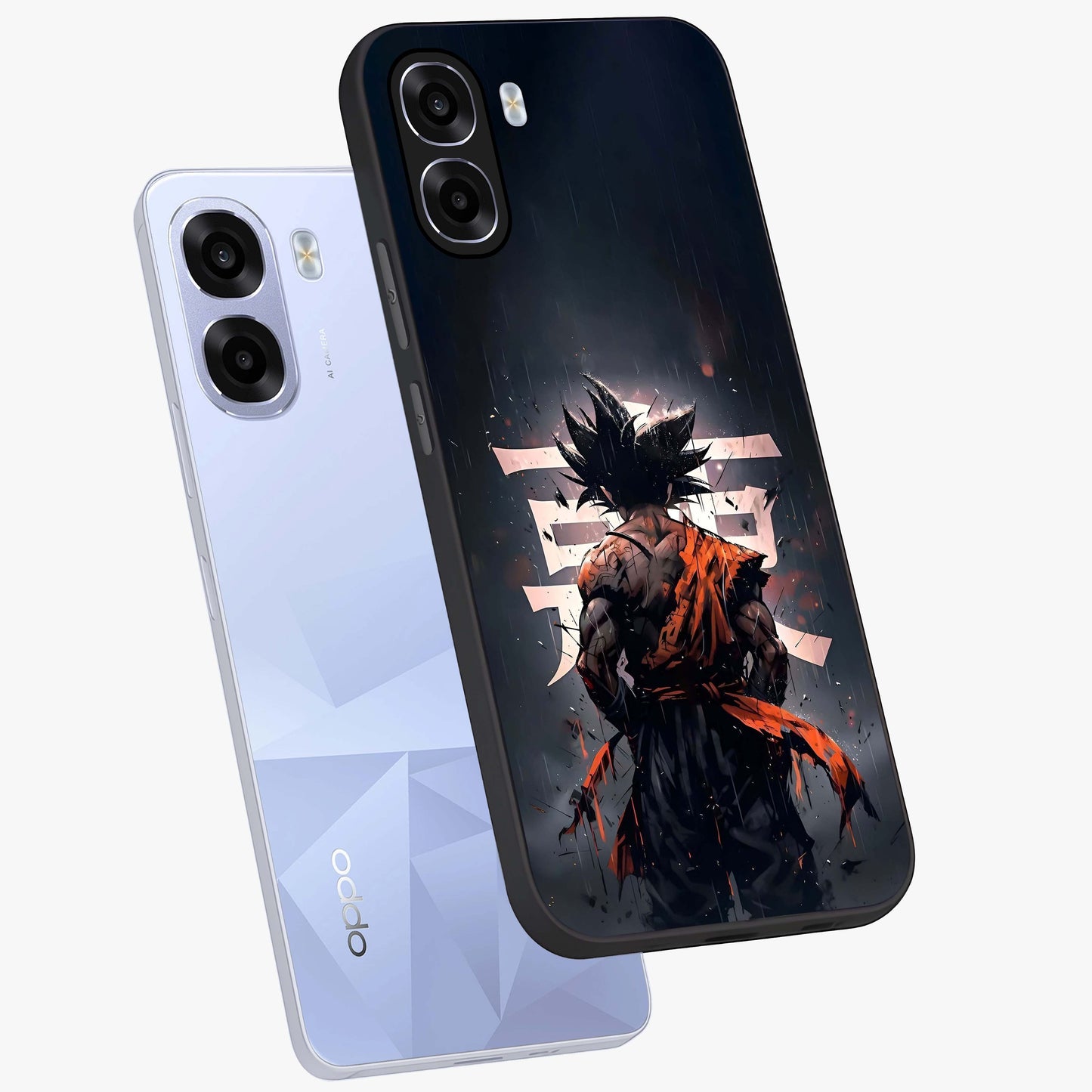 Dark Warrior In Rain Glass Case displayed in angled mockup highlighting dramatic warrior illustration with dark rain aesthetic.