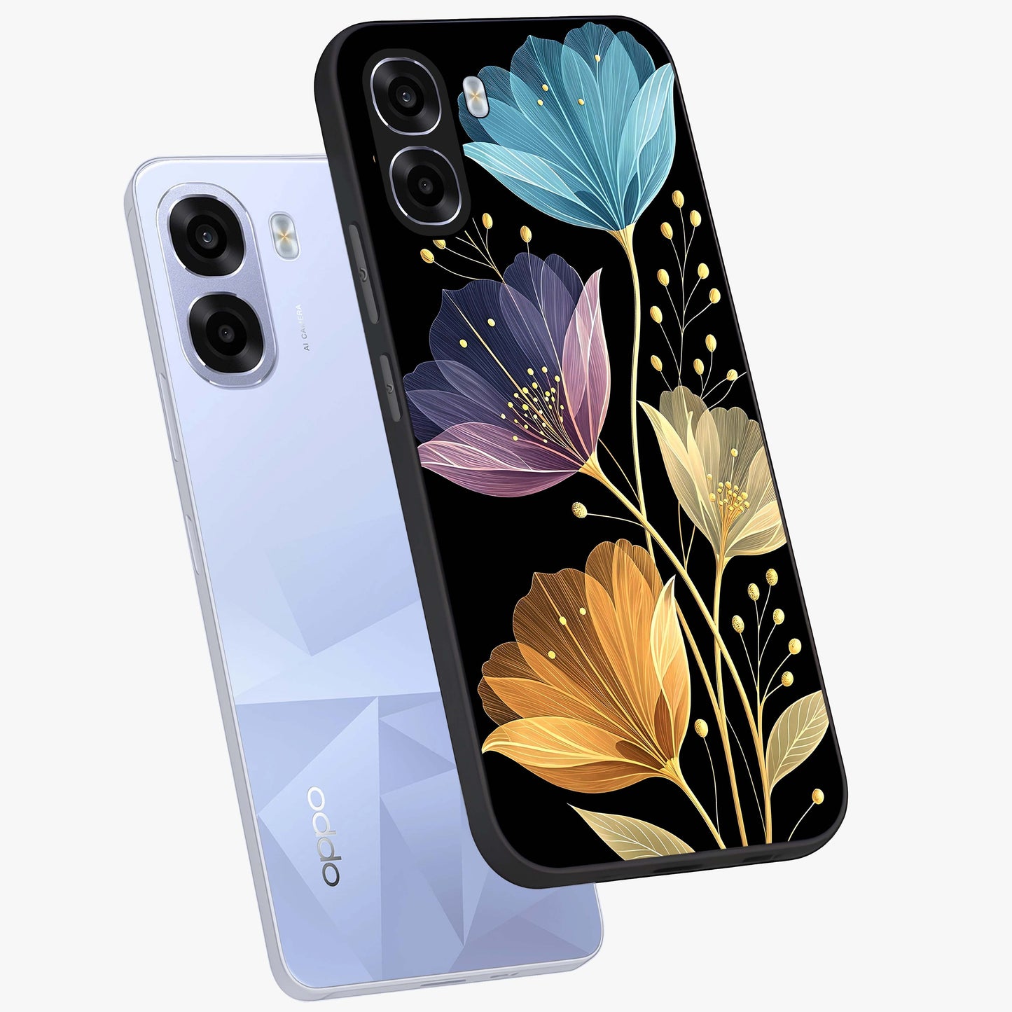 Delicate Multicolor Flowers Glass Case displayed in angled mockup highlighting colorful flower pattern with soft aesthetic style.