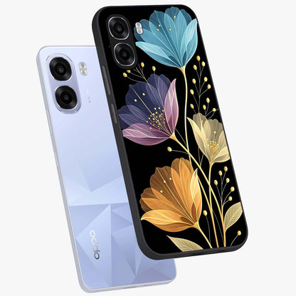 Delicate Multicolor Flowers Glass Case displayed in angled mockup highlighting colorful flower pattern with soft aesthetic style.