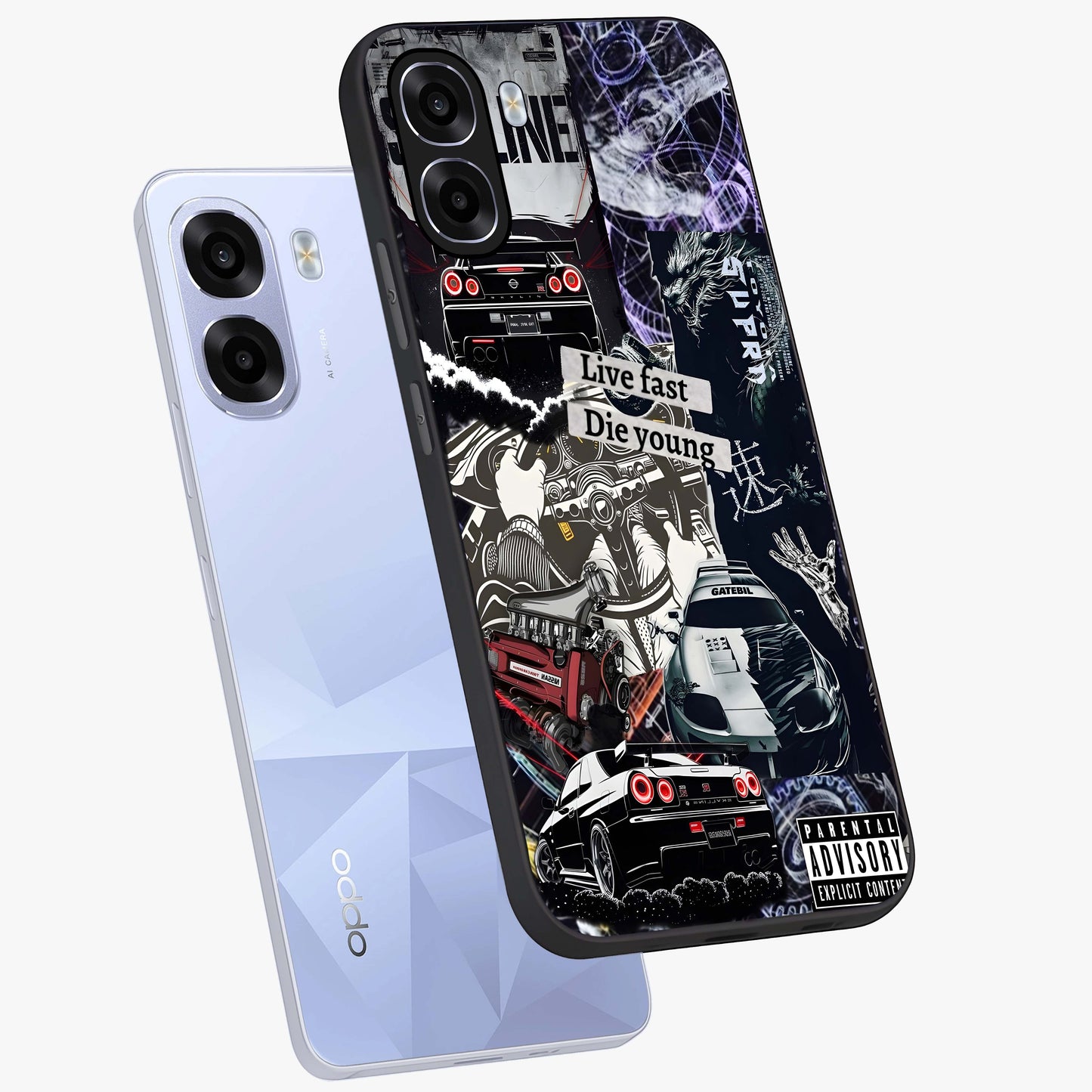 Die Young Glass Case displayed in angled mockup highlighting expressive graphic artwork with edgy aesthetic style.
