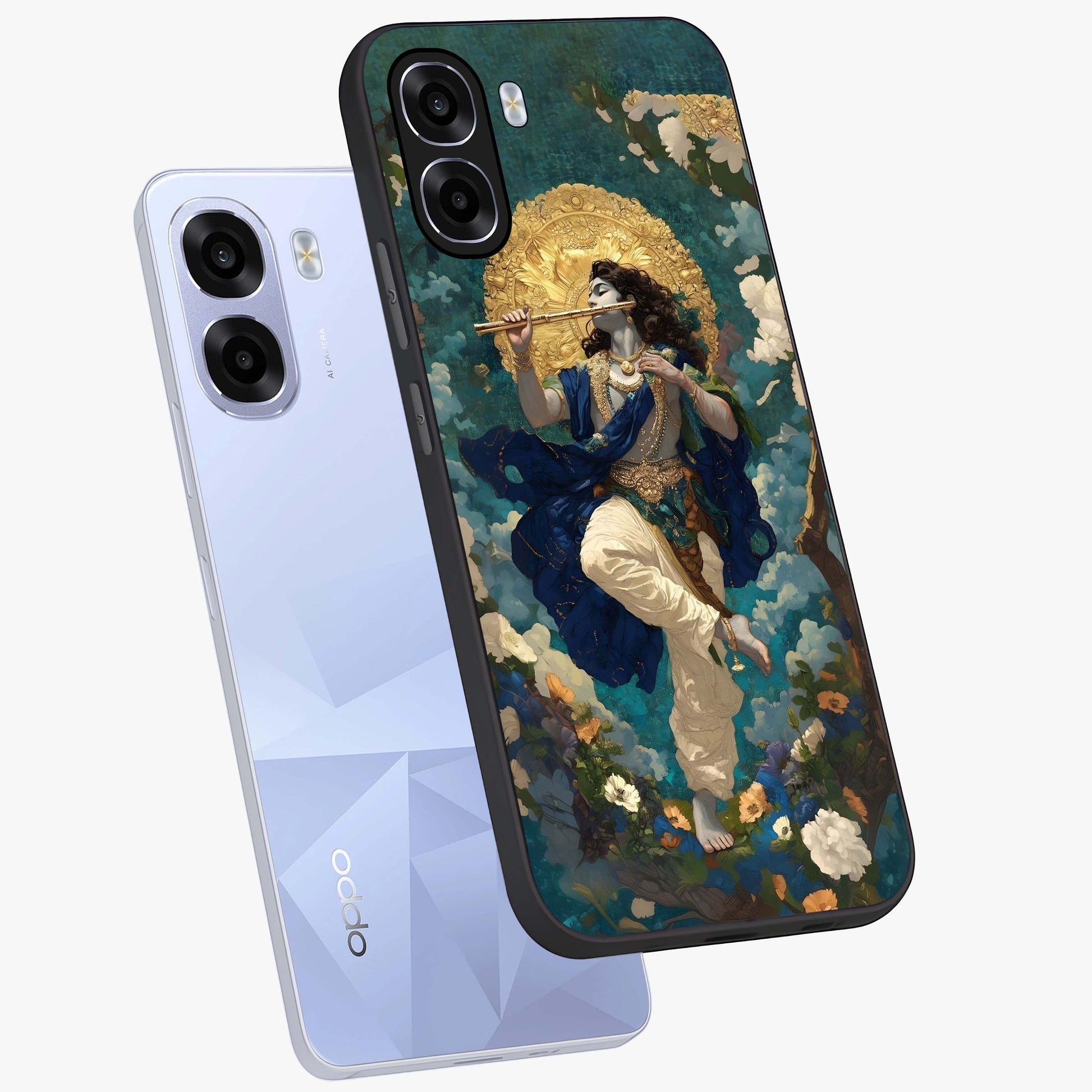 Divine Krishna Art Glass Case displayed in angled mockup highlighting spiritual Krishna illustration with devotional aesthetic.