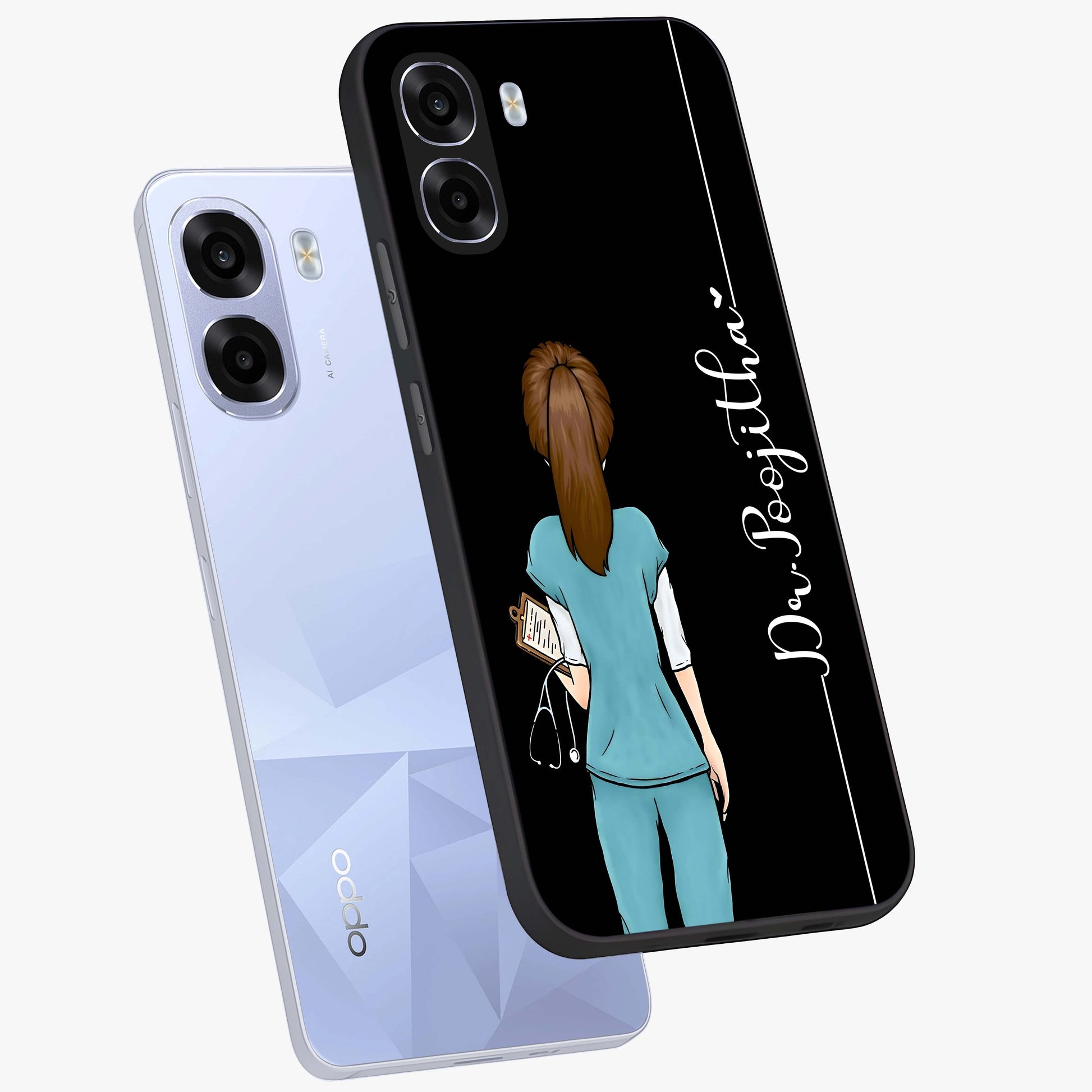 Doctor Pattern Custom Name Glass Case displayed in angled mockup highlighting doctor inspired artwork with custom name feature.