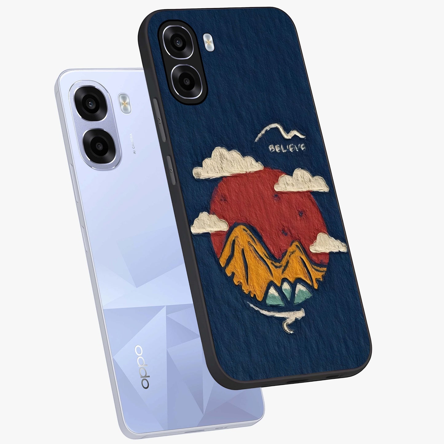 Dream Beyond Mountains Glass Case displayed in angled mockup highlighting dreamy mountain illustration with peaceful aesthetic.