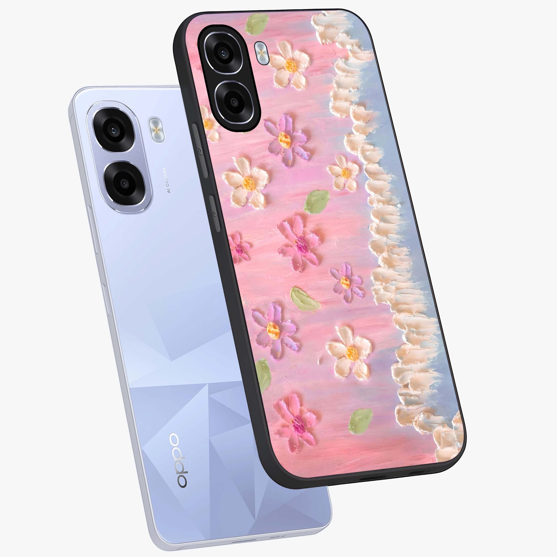 Dreamy Painted Garden Glass Case displayed in angled mockup highlighting colorful garden illustration with dreamy aesthetic style.