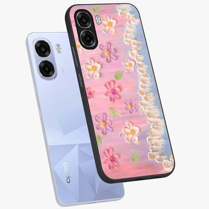 Dreamy Painted Garden Glass Case displayed in angled mockup highlighting colorful garden illustration with dreamy aesthetic style.