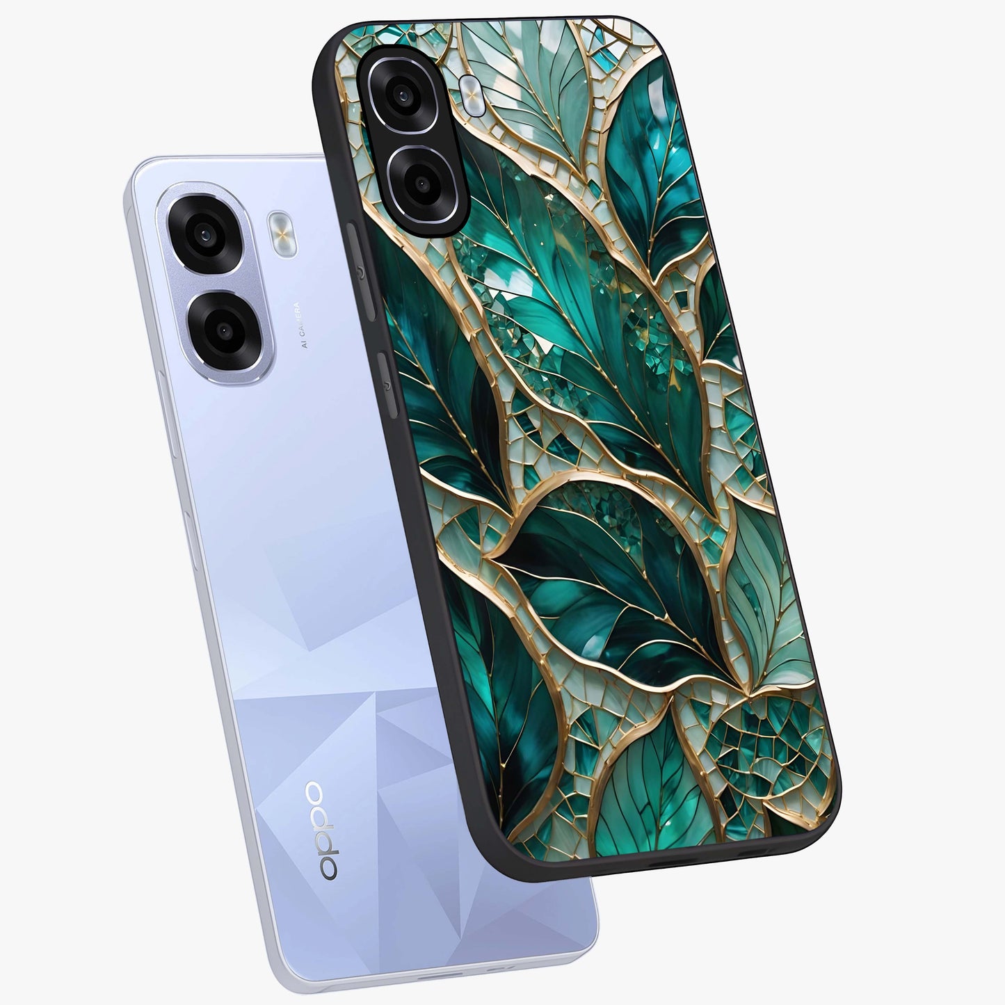 Emerald Leaf Glass Glass Case displayed in angled mockup highlighting botanical leaf illustration with elegant natural aesthetic.