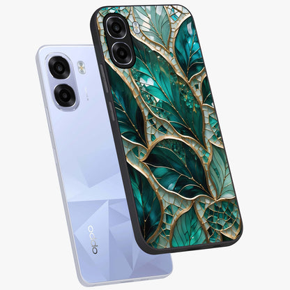 Emerald Leaf Glass Glass Case displayed in angled mockup highlighting botanical leaf illustration with elegant natural aesthetic.