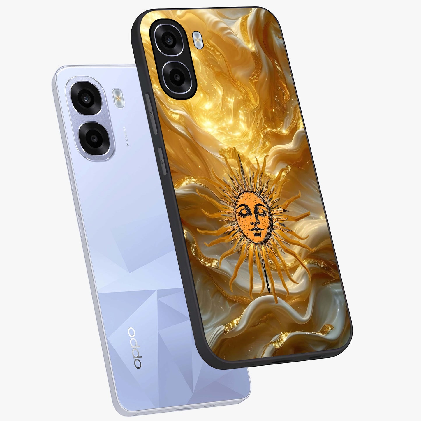 Eternal Golden Glow Glass Case displayed in angled mockup highlighting glowing golden aesthetic design with elegant style.