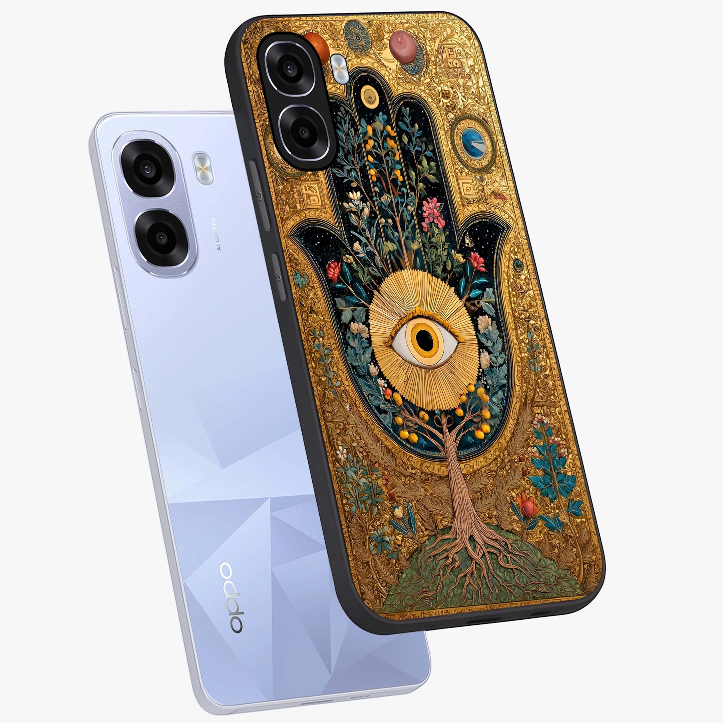 Ethereal Evil Eye Glass Case displayed in angled mockup highlighting protective evil eye symbol with spiritual aesthetic design.