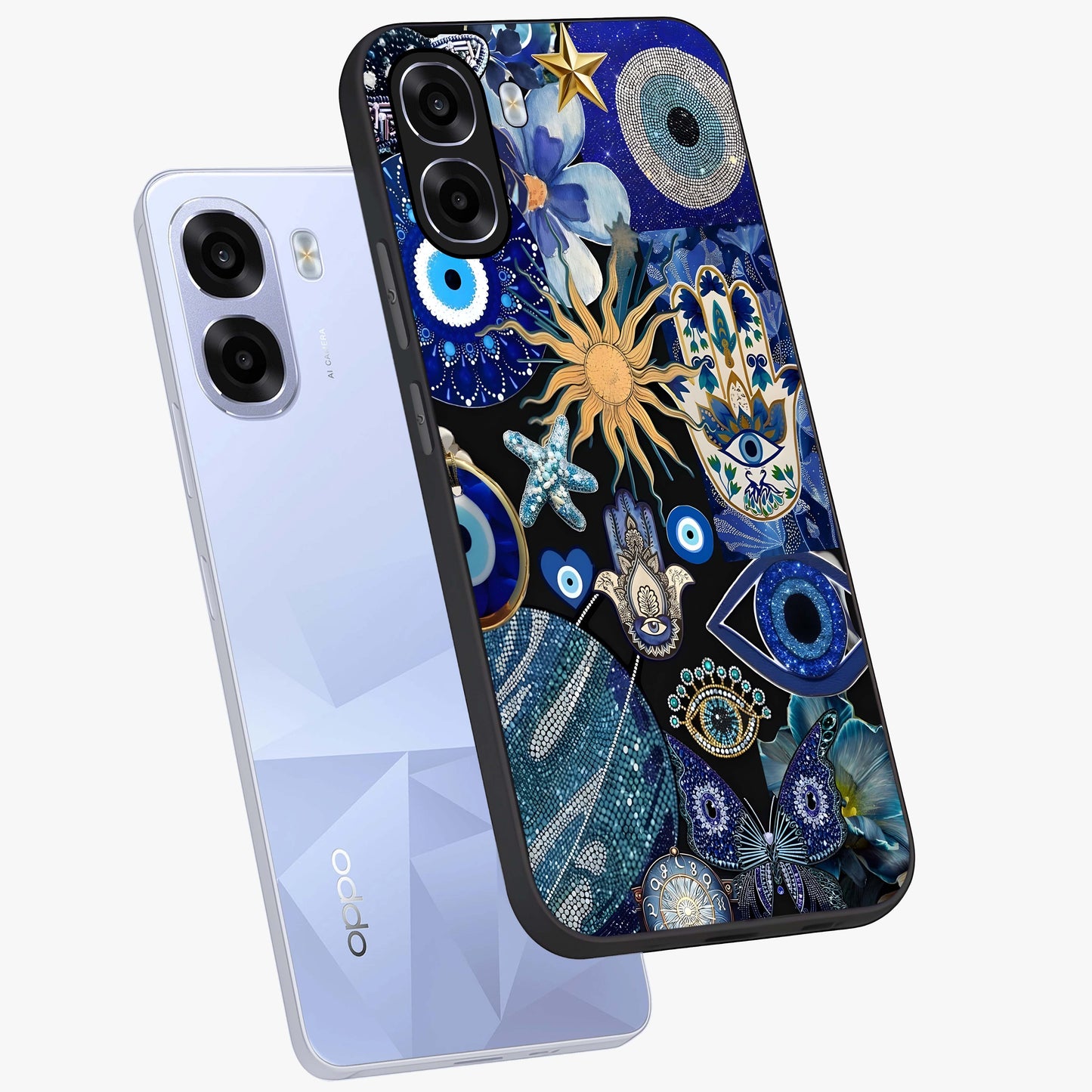 Evil Eye Charm Mix Glass Case displayed in angled mockup highlighting protective evil eye symbols with spiritual aesthetic design.